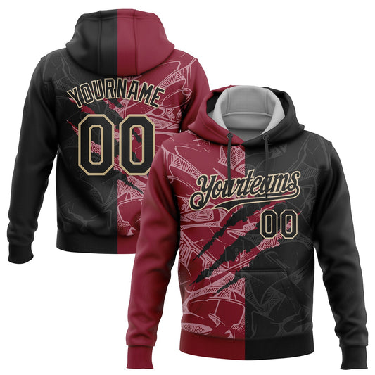 Custom Stitched Graffiti Pattern Black Crimson-City Cream 3D Scratch Sports Pullover Sweatshirt Hoodie - Main View