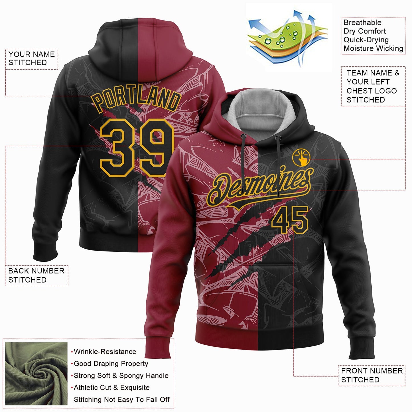 Custom Stitched Graffiti Pattern Black Crimson-Gold 3D Scratch Sports Pullover Sweatshirt Hoodie view 2
