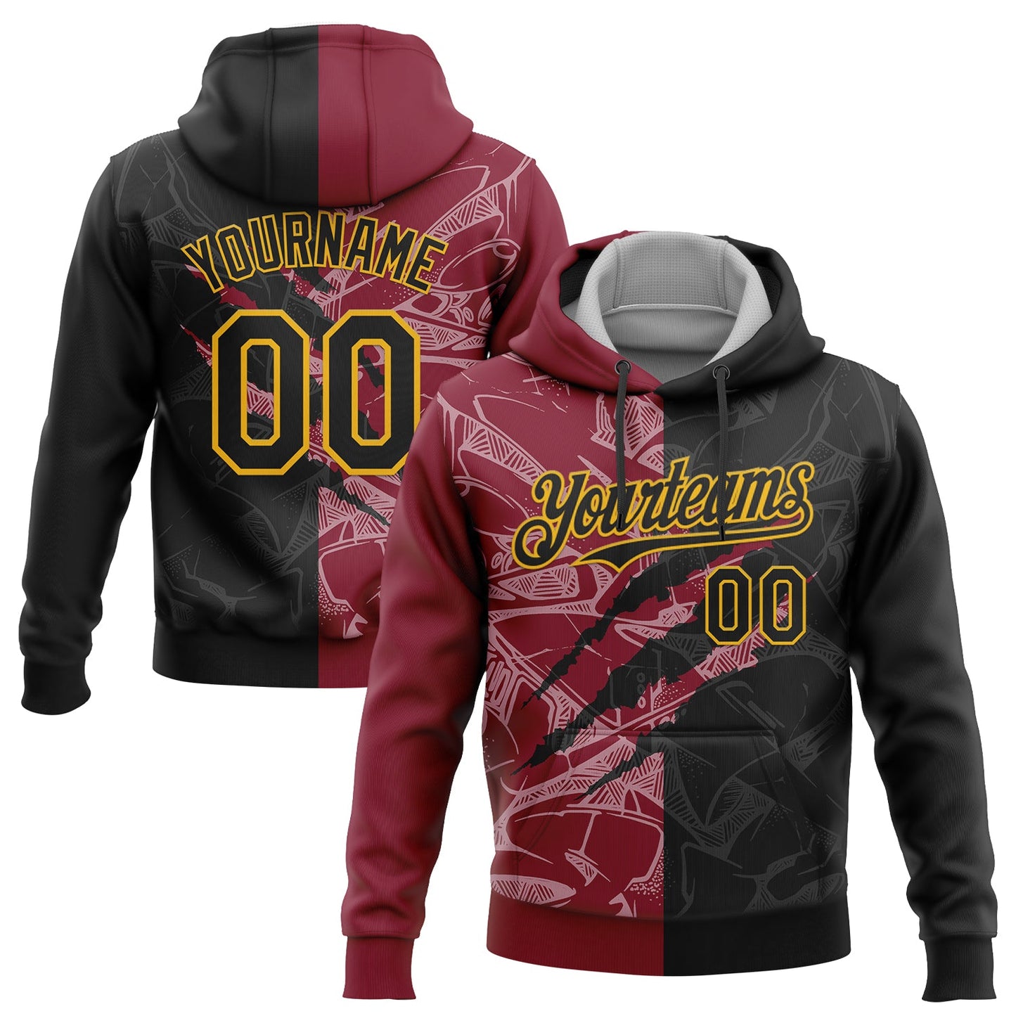 Custom Stitched Graffiti Pattern Black Crimson-Gold 3D Scratch Sports Pullover Sweatshirt Hoodie - Main View