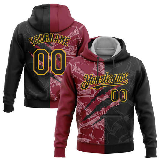 Custom Stitched Graffiti Pattern Black Crimson-Gold 3D Scratch Sports Pullover Sweatshirt Hoodie - Main View