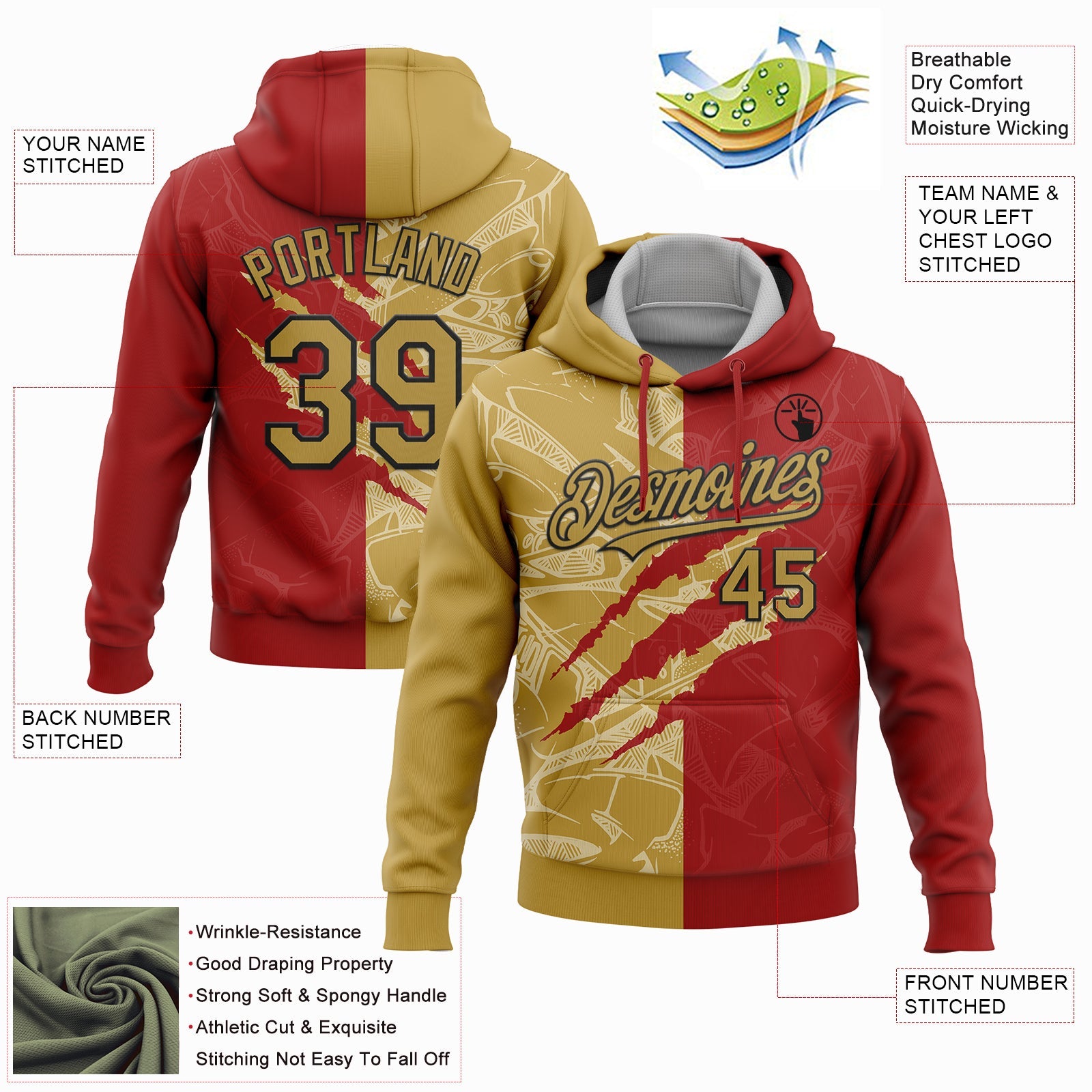 Custom Stitched Graffiti Pattern Old Gold-Red 3D Scratch Sports Pullover Sweatshirt Hoodie view 2