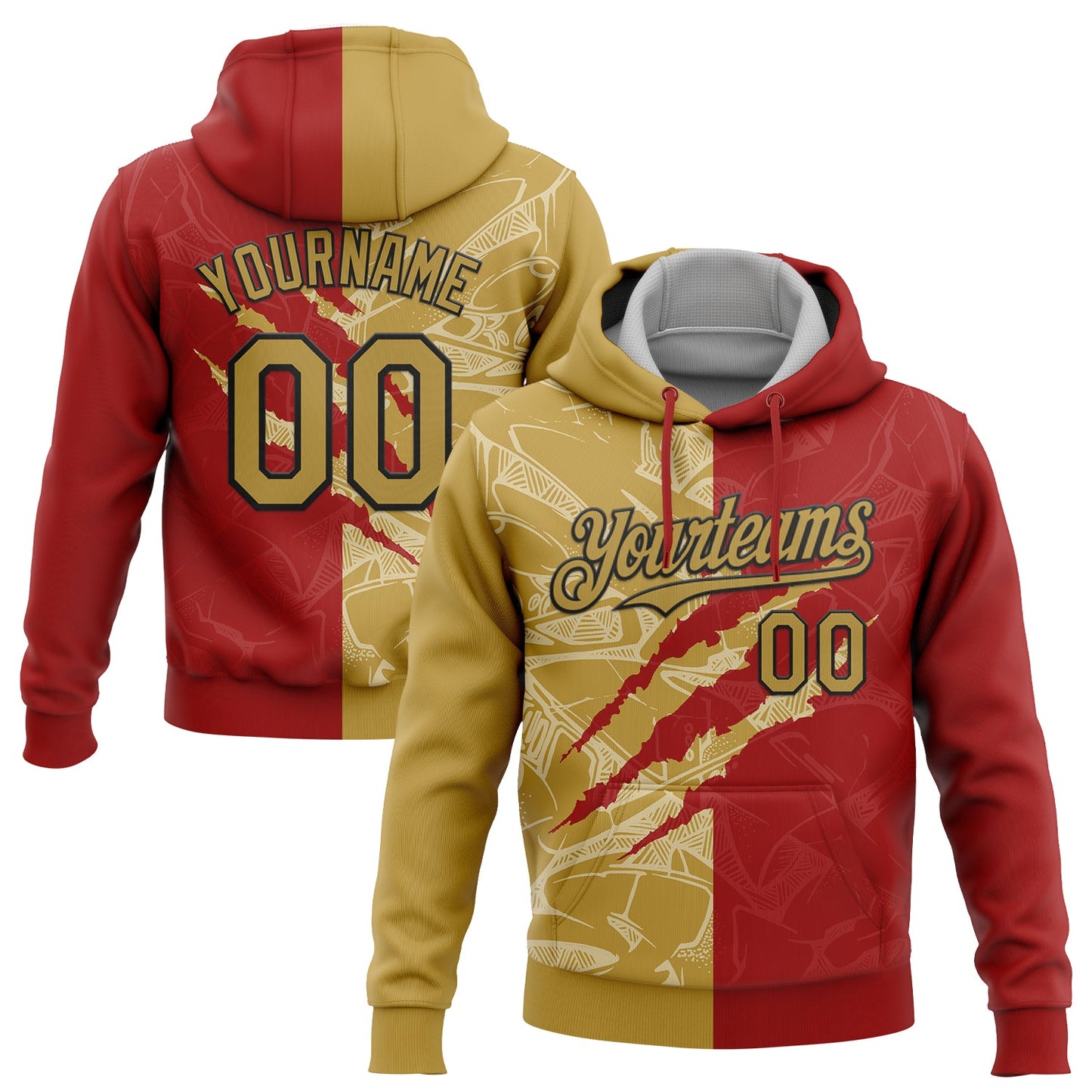 Custom Stitched Graffiti Pattern Old Gold-Red 3D Scratch Sports Pullover Sweatshirt Hoodie - Main View