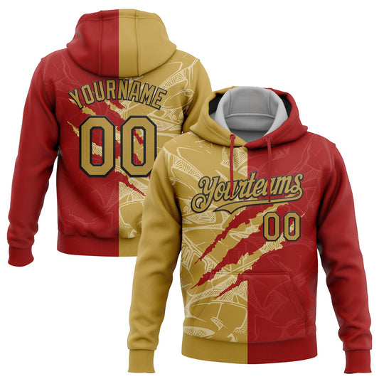 Custom Stitched Graffiti Pattern Old Gold-Red 3D Scratch Sports Pullover Sweatshirt Hoodie - Main View