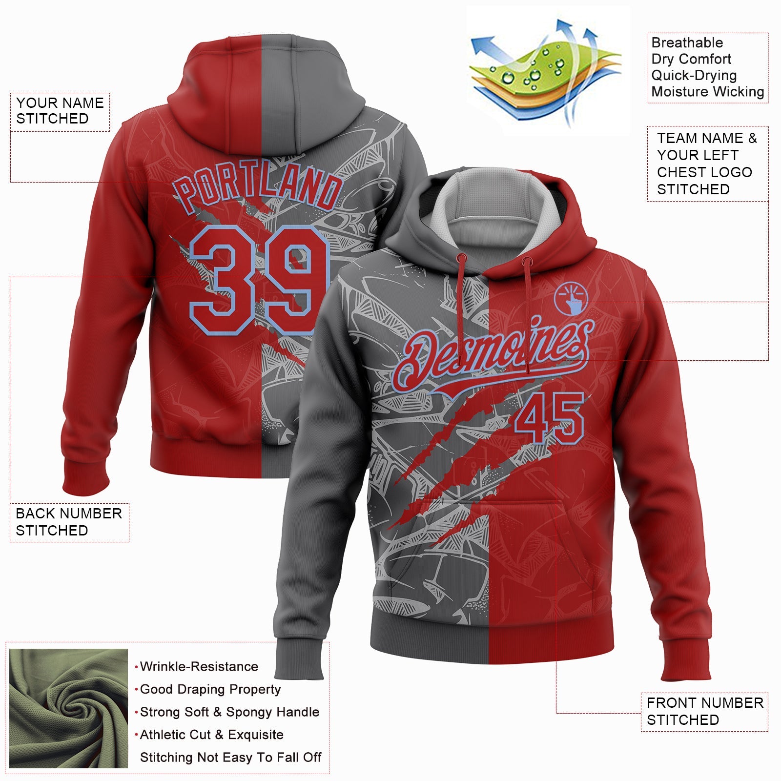 Custom Stitched Graffiti Pattern Red Steel Gray-Light Blue 3D Scratch Sports Pullover Sweatshirt Hoodie view 2