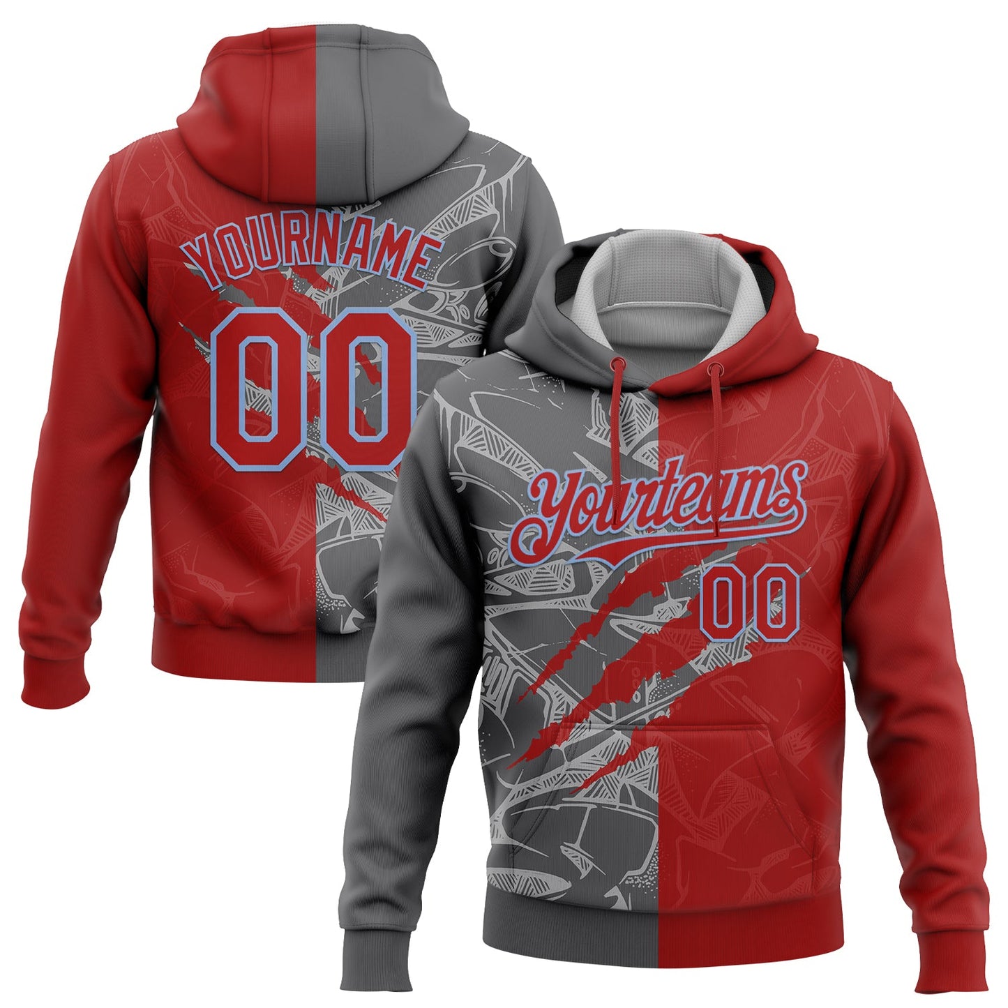 Custom Stitched Graffiti Pattern Red Steel Gray-Light Blue 3D Scratch Sports Pullover Sweatshirt Hoodie - Main View