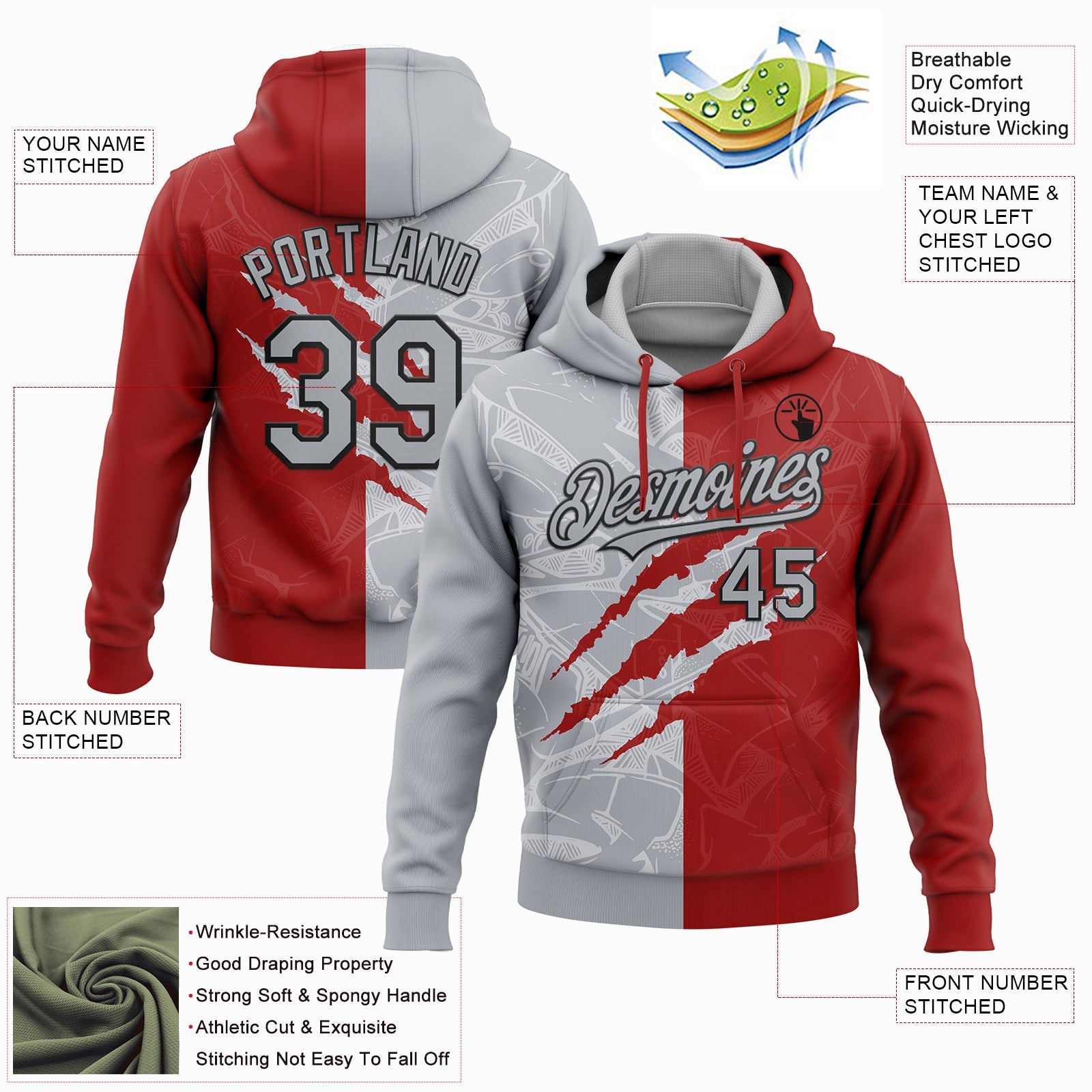 Custom Stitched Graffiti Pattern Gray Red-Black 3D Scratch Sports Pullover Sweatshirt Hoodie view 2
