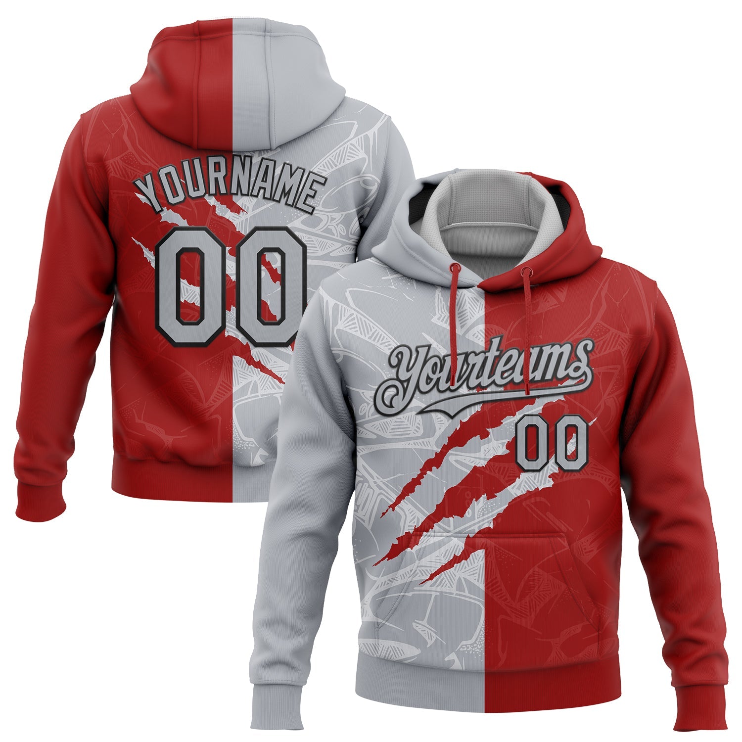 Custom Stitched Graffiti Pattern Gray Red-Black 3D Scratch Sports Pullover Sweatshirt Hoodie - Main View