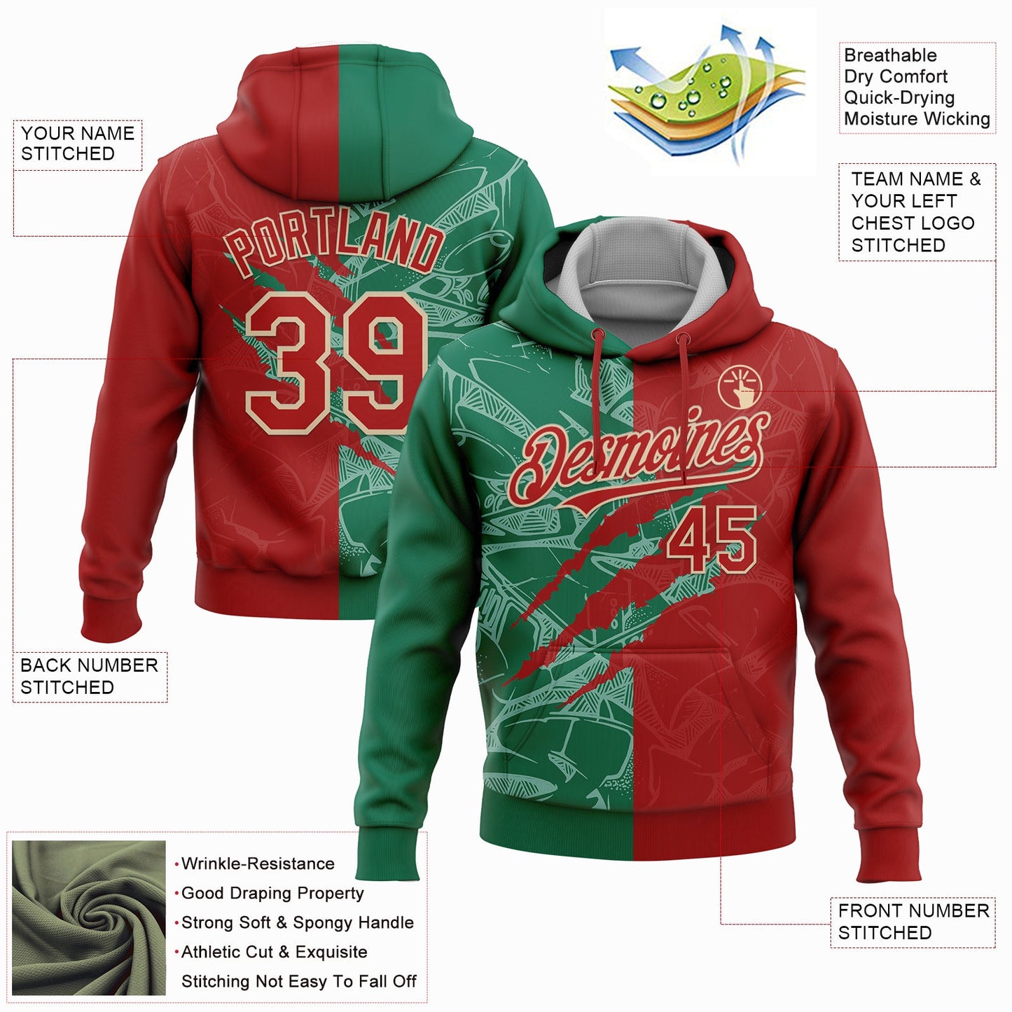 Custom Stitched Graffiti Pattern Red Kelly Green-City Cream 3D Scratch Sports Pullover Sweatshirt Hoodie view 2
