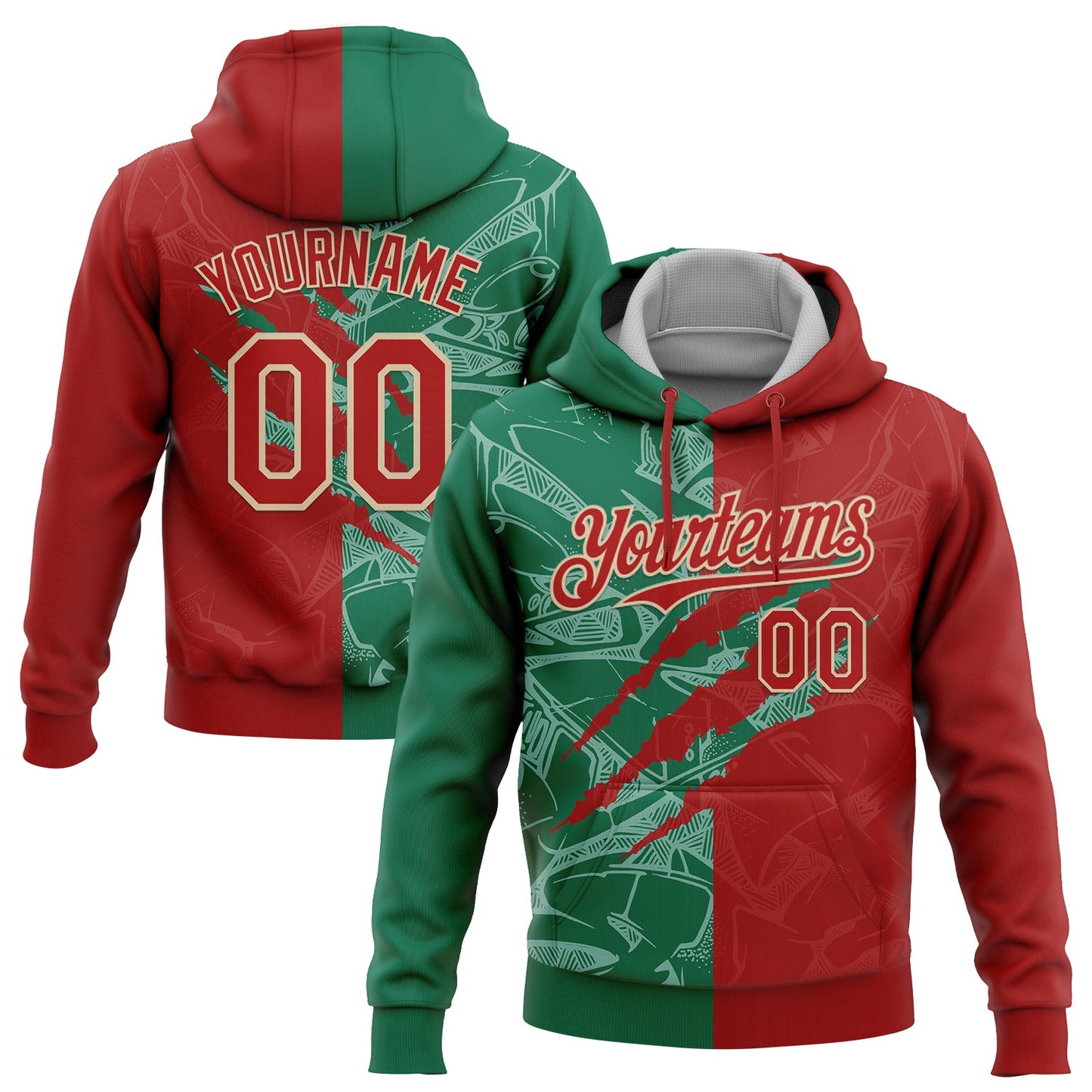 Custom Stitched Graffiti Pattern Red Kelly Green-City Cream 3D Scratch Sports Pullover Sweatshirt Hoodie - Main View