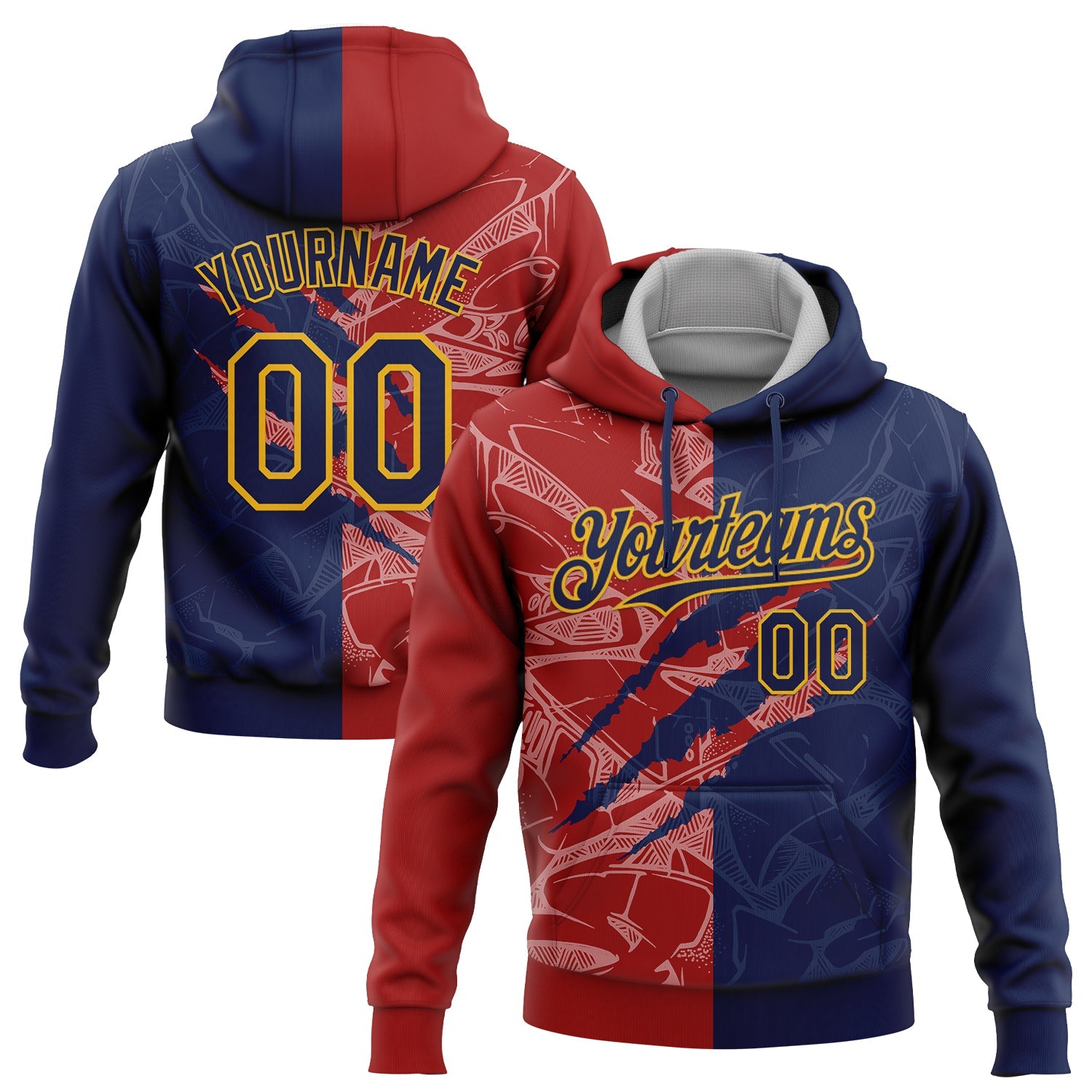 Custom Stitched Graffiti Pattern Navy Red-Gold 3D Scratch Sports Pullover Sweatshirt Hoodie - Main View