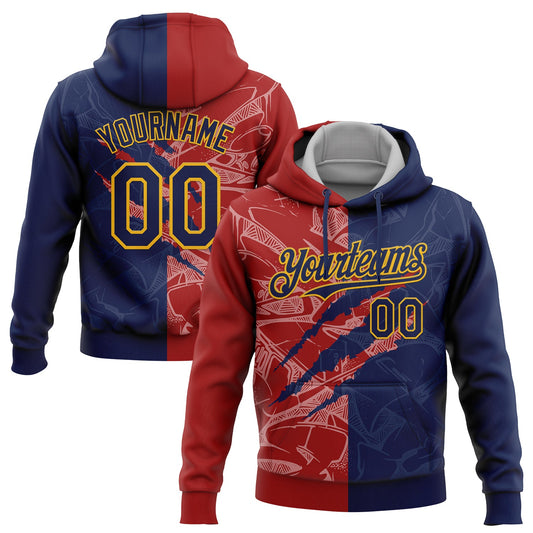 Custom Stitched Graffiti Pattern Navy Red-Gold 3D Scratch Sports Pullover Sweatshirt Hoodie - Main View