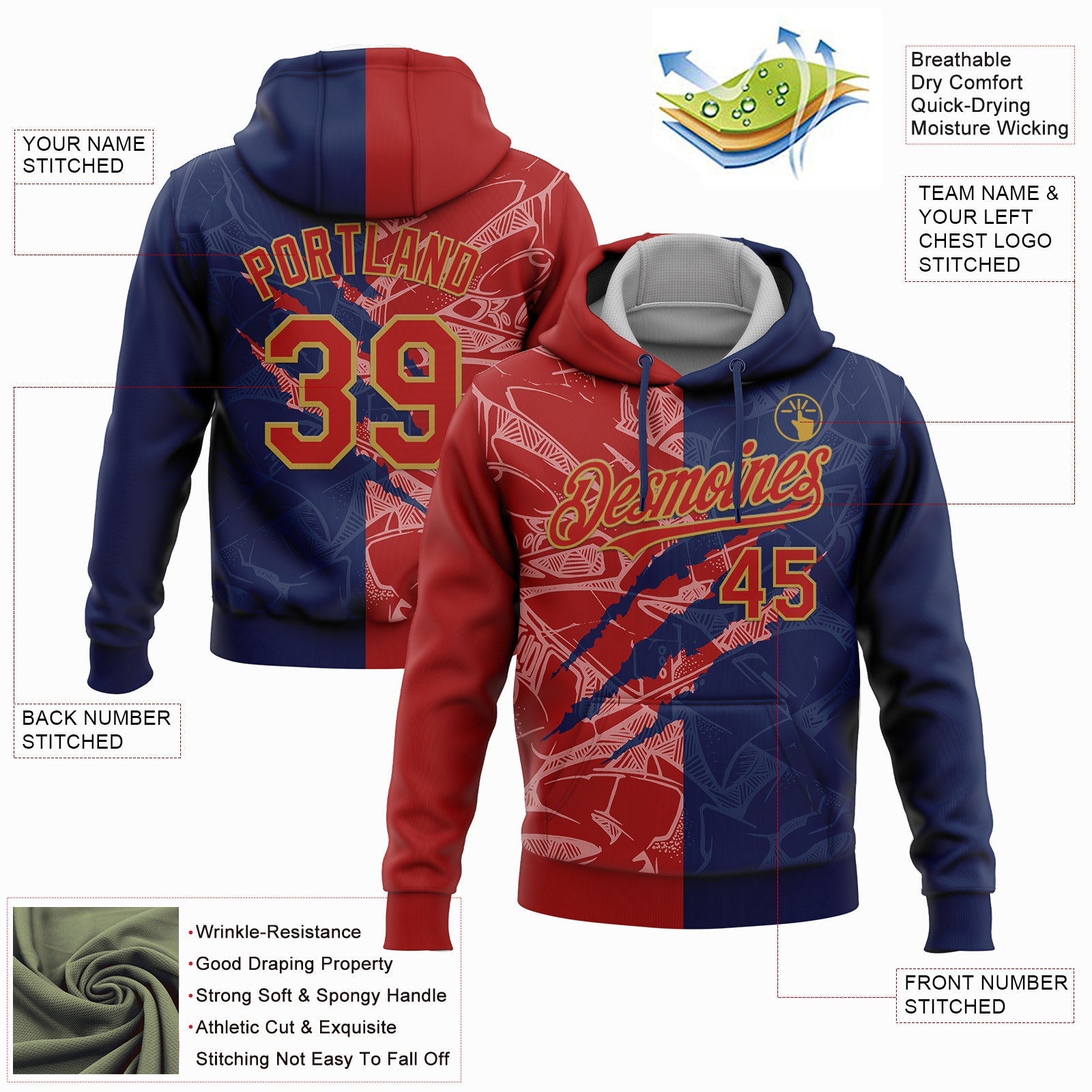 Custom Stitched Graffiti Pattern Red Navy-Old Gold 3D Scratch Sports Pullover Sweatshirt Hoodie view 2