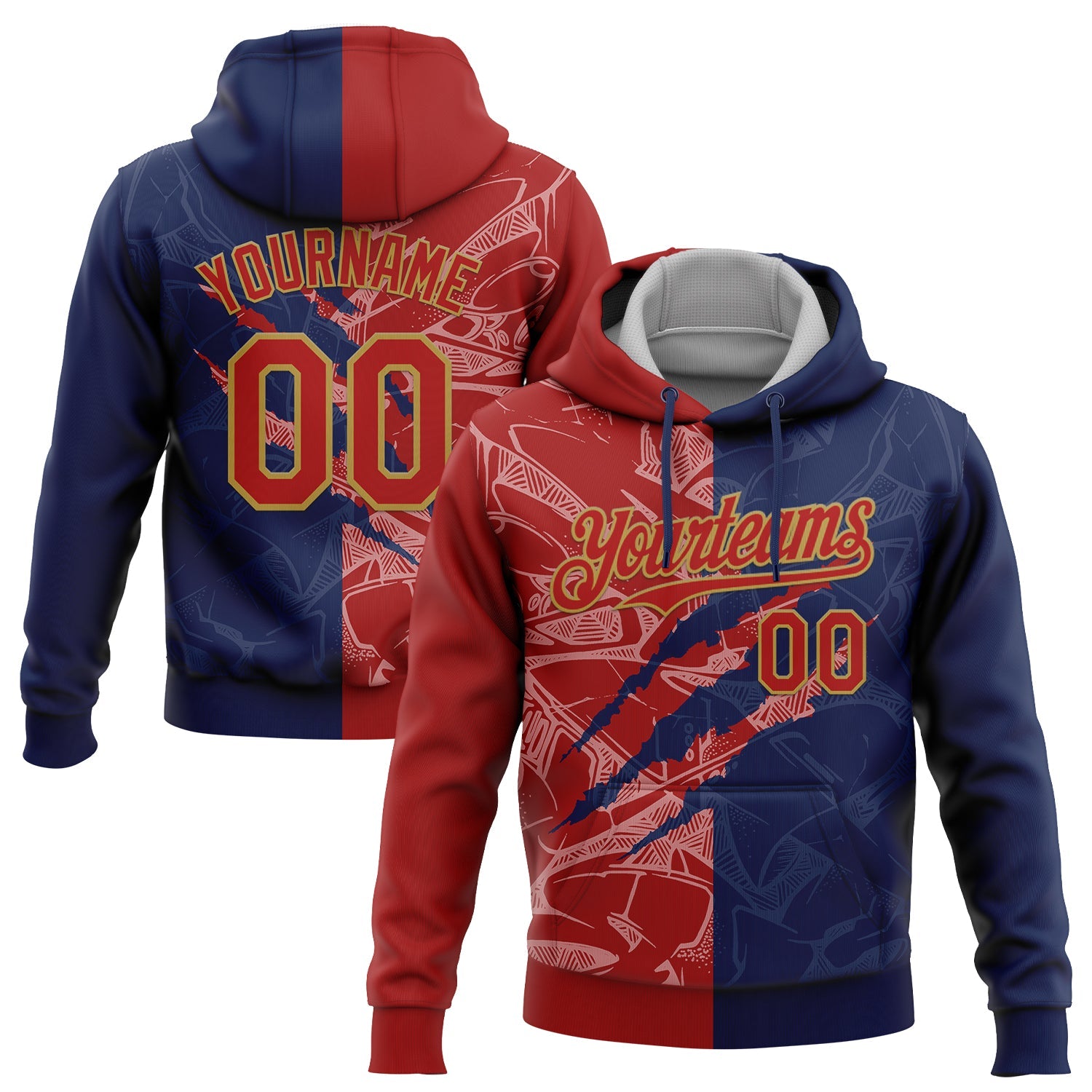 Custom Stitched Graffiti Pattern Red Navy-Old Gold 3D Scratch Sports Pullover Sweatshirt Hoodie - Main View