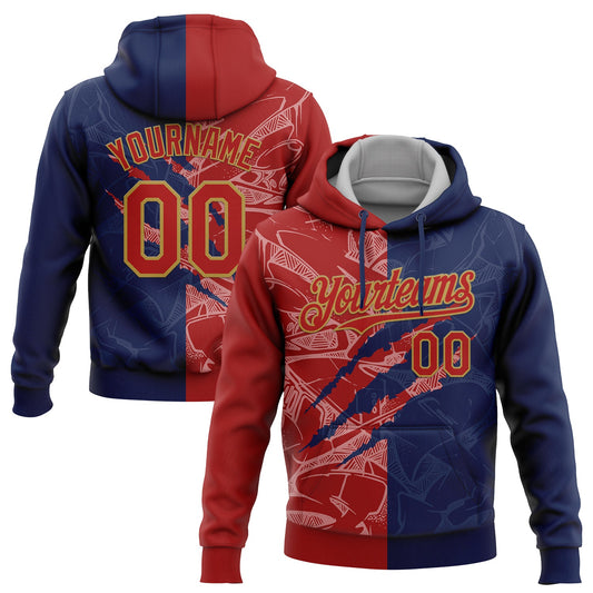 Custom Stitched Graffiti Pattern Red Navy-Old Gold 3D Scratch Sports Pullover Sweatshirt Hoodie - Main View