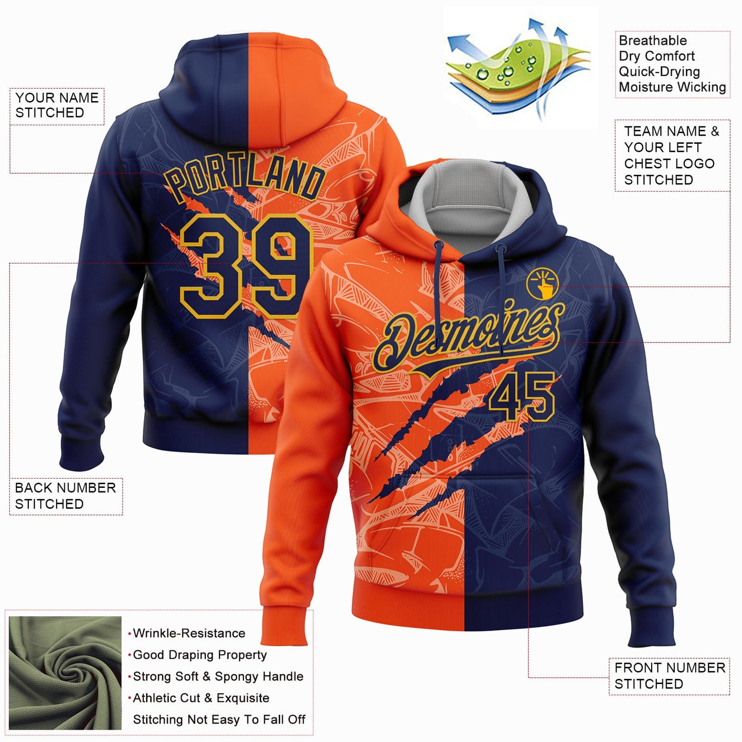 Custom Stitched Graffiti Pattern Navy Orange-Gold 3D Scratch Sports Pullover Sweatshirt Hoodie view 2