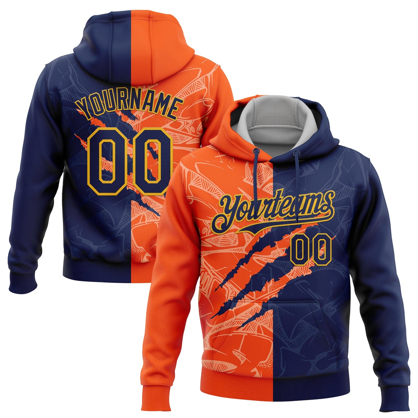 Custom Stitched Graffiti Pattern Navy Orange-Gold 3D Scratch Sports Pullover Sweatshirt Hoodie - Main View