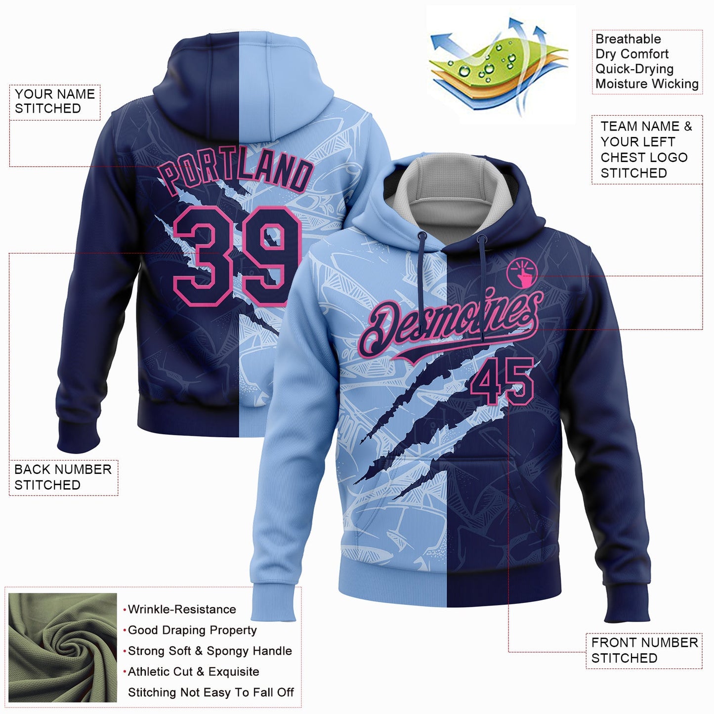 Custom Stitched Graffiti Pattern Navy Light Blue-Pink 3D Scratch Sports Pullover Sweatshirt Hoodie view 2