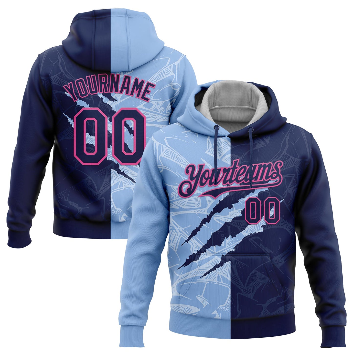 Custom Stitched Graffiti Pattern Navy Light Blue-Pink 3D Scratch Sports Pullover Sweatshirt Hoodie - Main View