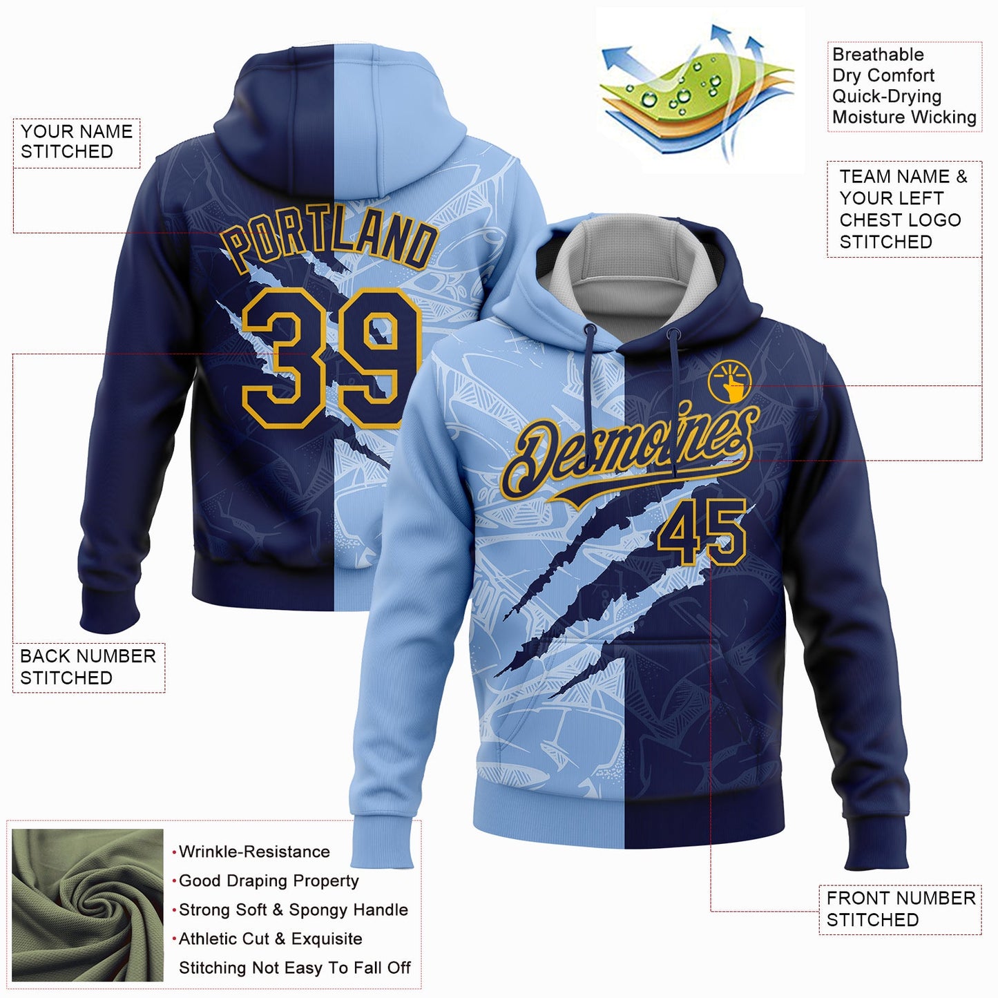 Custom Stitched Graffiti Pattern Navy Light Blue-Gold 3D Scratch Sports Pullover Sweatshirt Hoodie view 2