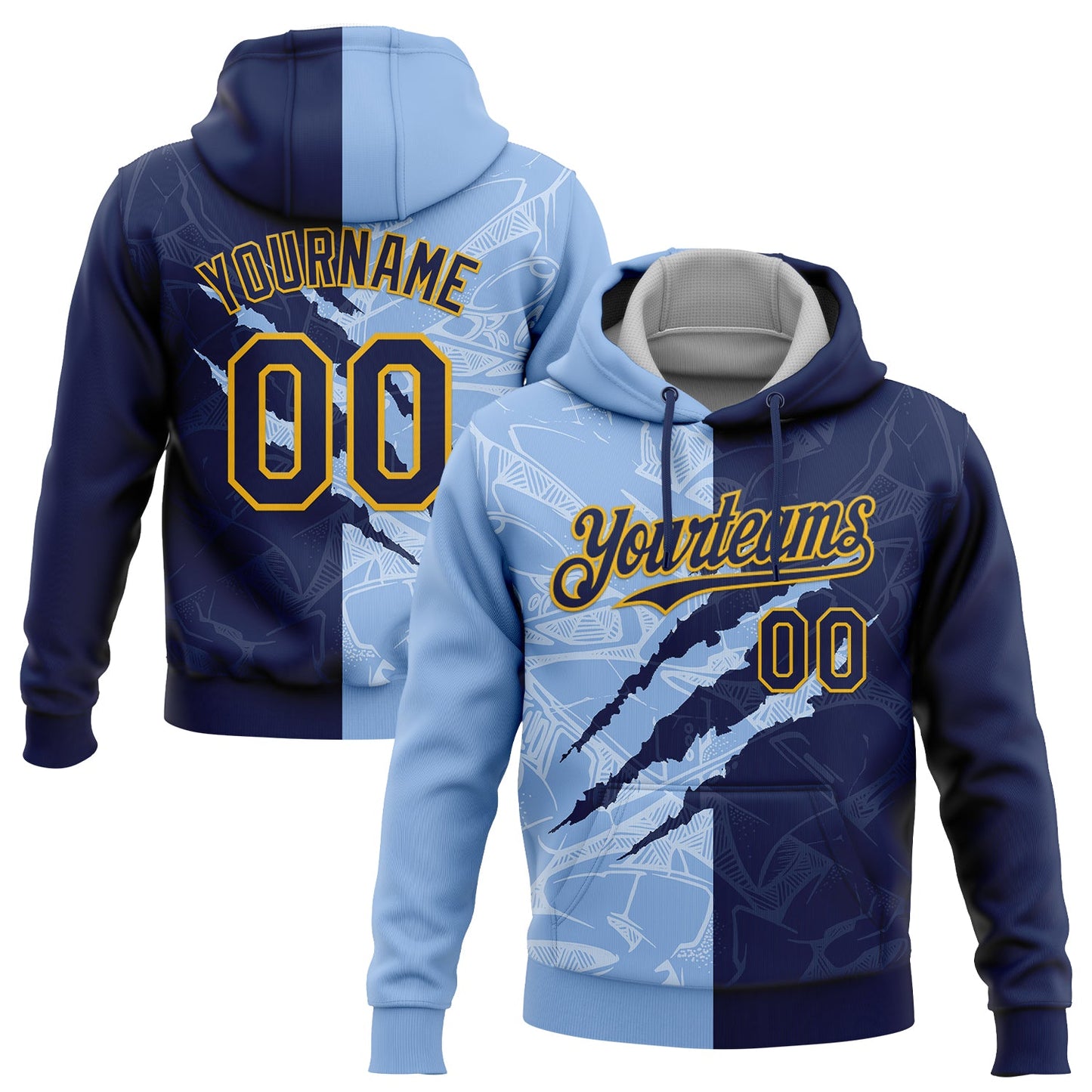 Custom Stitched Graffiti Pattern Navy Light Blue-Gold 3D Scratch Sports Pullover Sweatshirt Hoodie - Main View