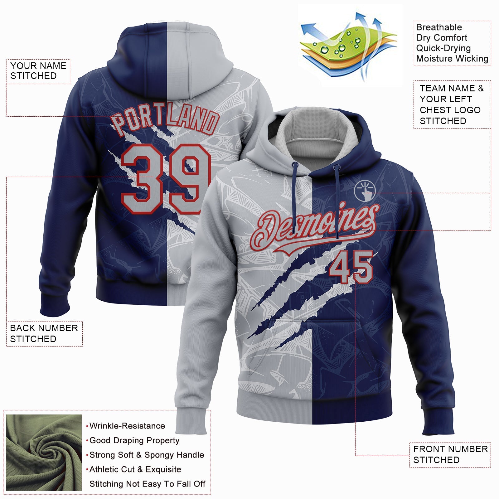 Custom Stitched Graffiti Pattern Gray Navy-Red 3D Scratch Sports Pullover Sweatshirt Hoodie view 2