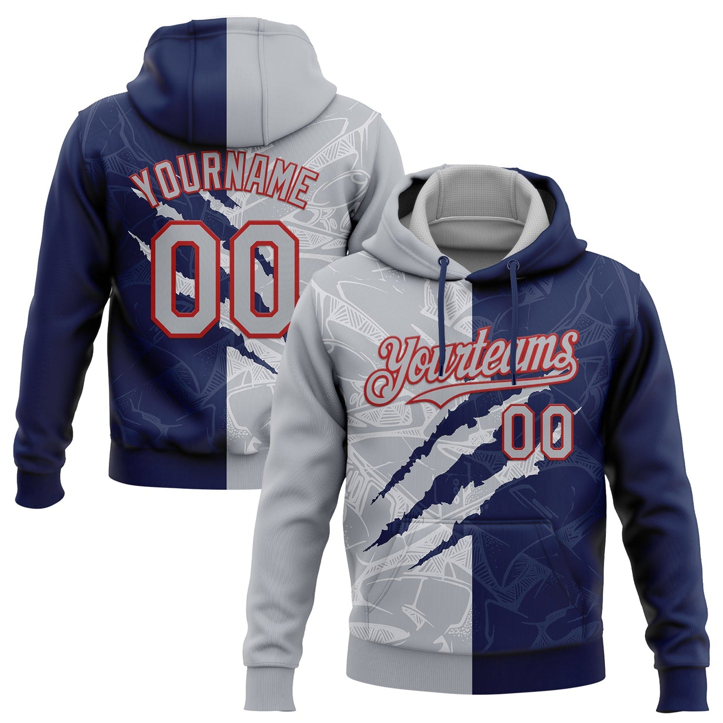 Custom Stitched Graffiti Pattern Gray Navy-Red 3D Scratch Sports Pullover Sweatshirt Hoodie - Main View