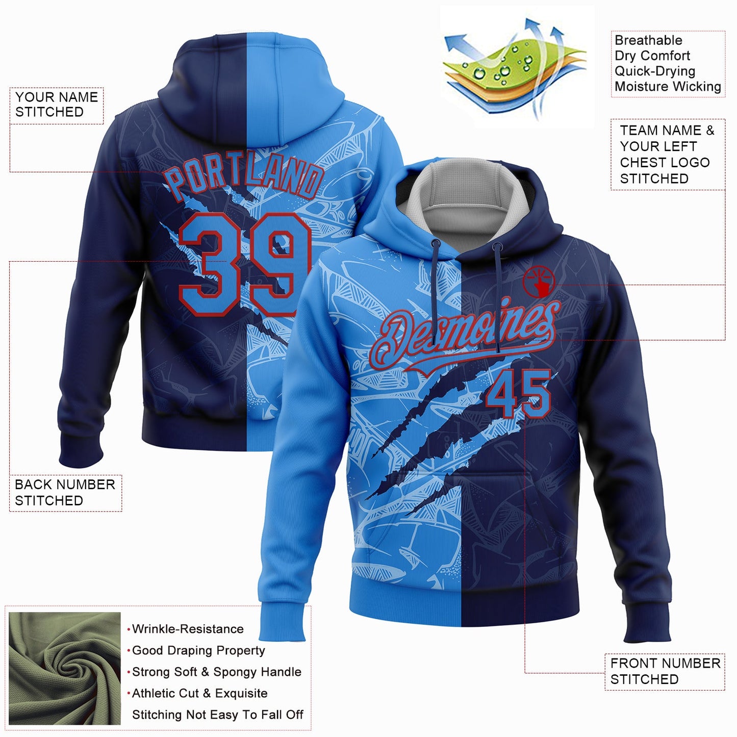 Custom Stitched Graffiti Pattern Powder Blue Navy-Red 3D Scratch Sports Pullover Sweatshirt Hoodie view 2