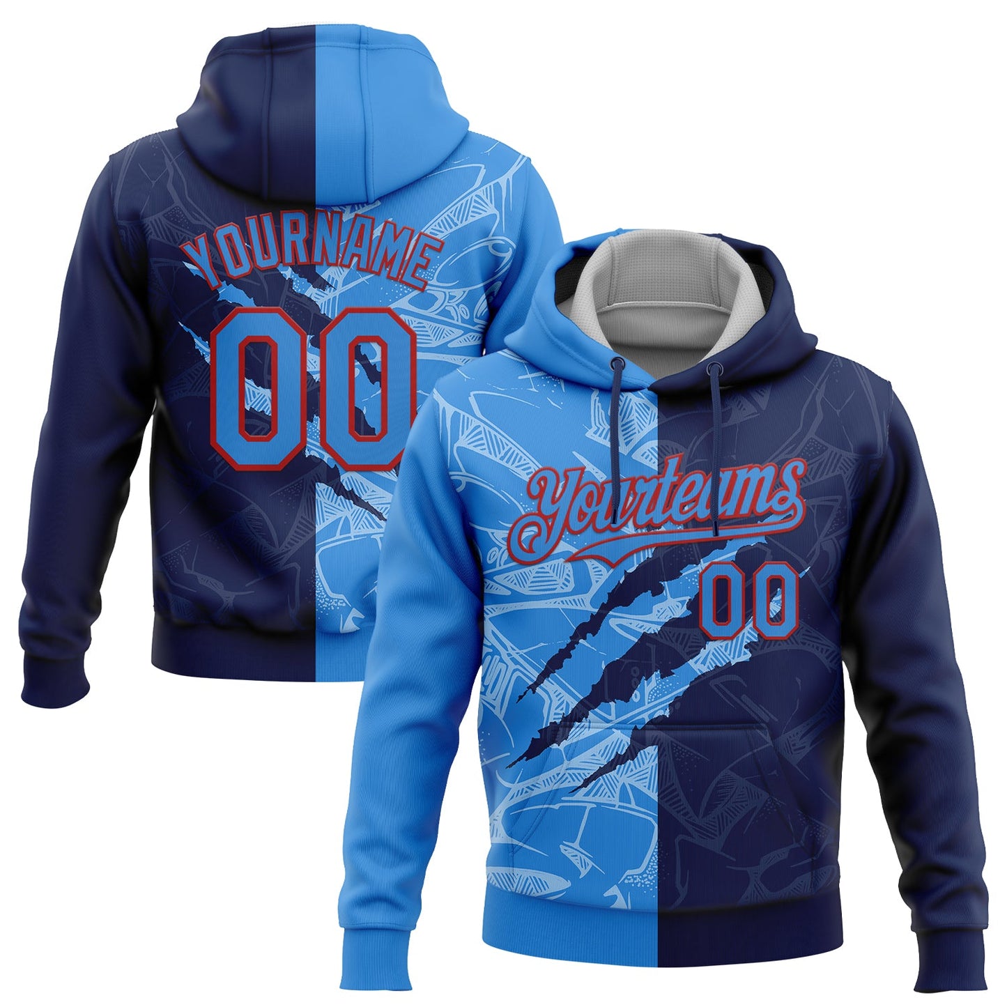Custom Stitched Graffiti Pattern Powder Blue Navy-Red 3D Scratch Sports Pullover Sweatshirt Hoodie - Main View