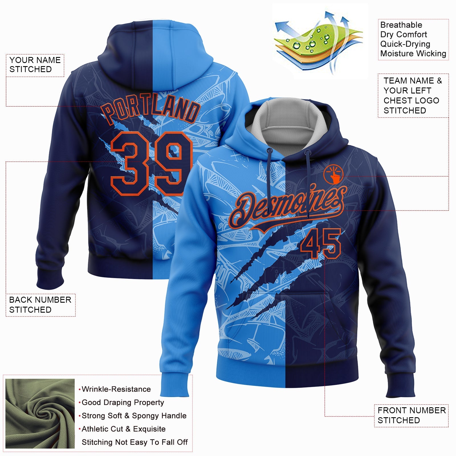 Custom Stitched Graffiti Pattern Navy Powder Blue-Orange 3D Scratch Sports Pullover Sweatshirt Hoodie view 2