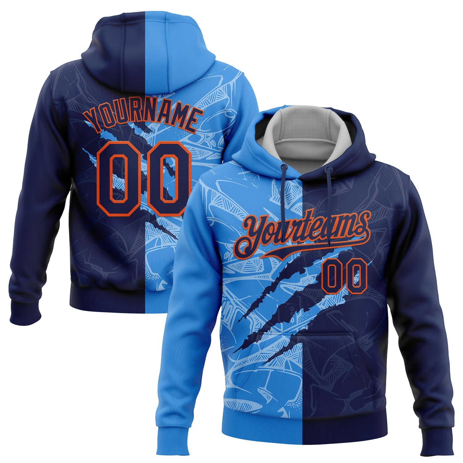 Custom Stitched Graffiti Pattern Navy Powder Blue-Orange 3D Scratch Sports Pullover Sweatshirt Hoodie - Main View