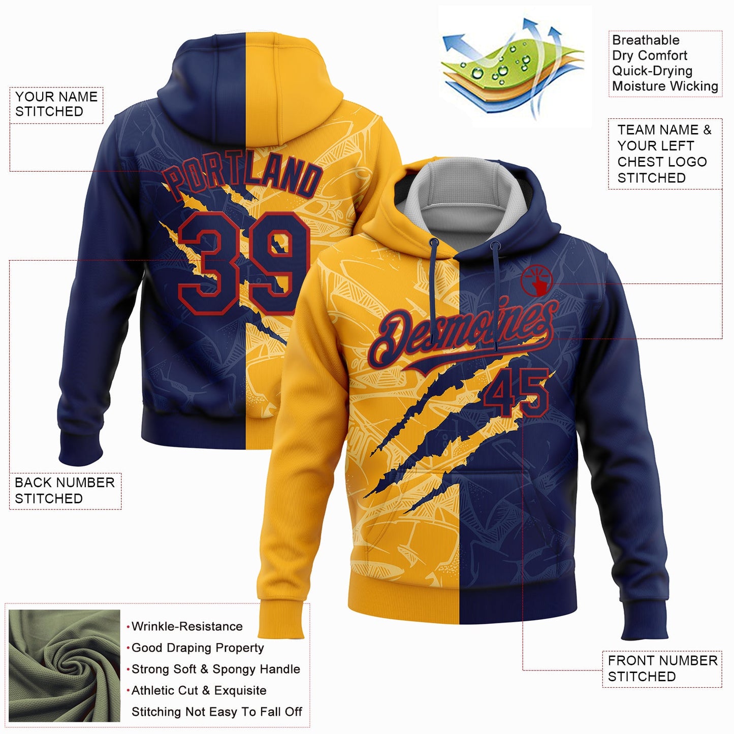 Custom Stitched Graffiti Pattern Navy Gold-Red 3D Scratch Sports Pullover Sweatshirt Hoodie view 2