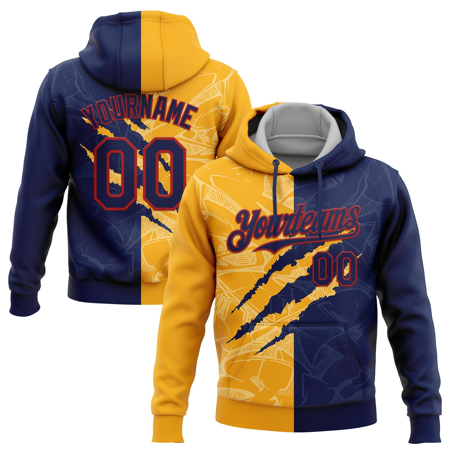 Custom Stitched Graffiti Pattern Navy Gold-Red 3D Scratch Sports Pullover Sweatshirt Hoodie - Main View