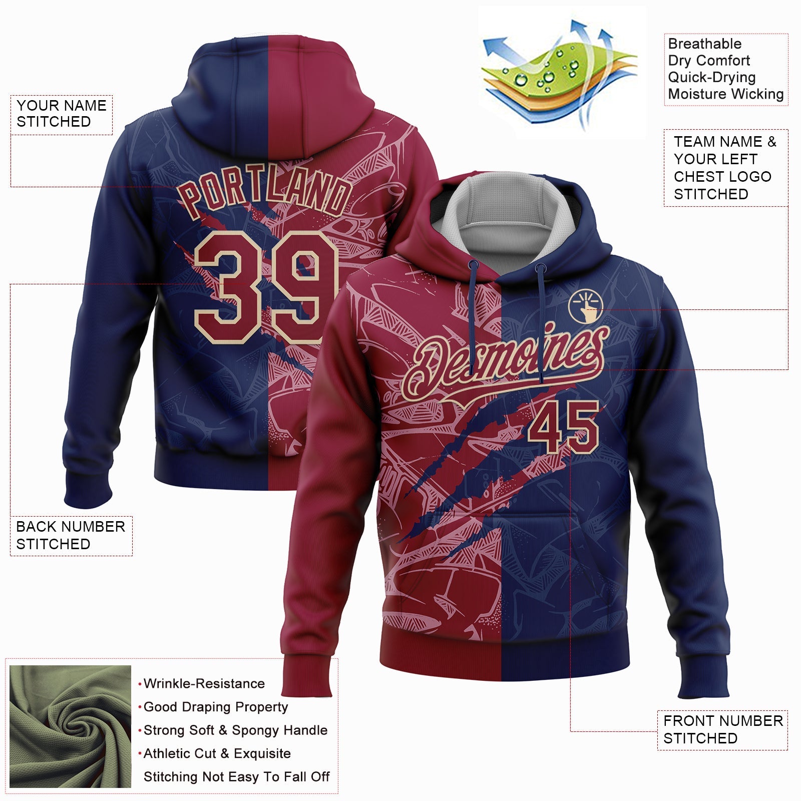 Custom Stitched Graffiti Pattern Maroon Navy-City Cream 3D Scratch Sports Pullover Sweatshirt Hoodie view 2