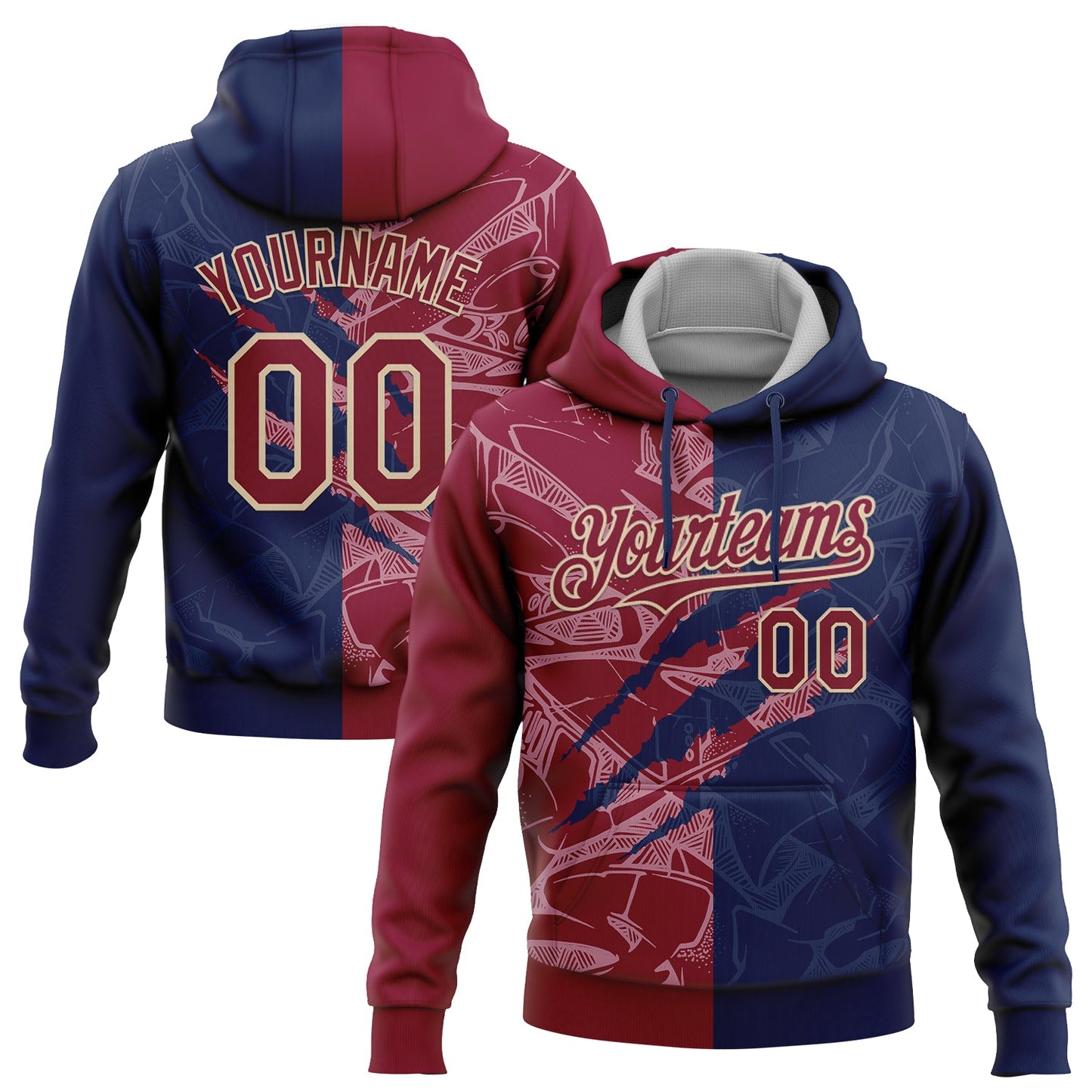 Custom Stitched Graffiti Pattern Maroon Navy-City Cream 3D Scratch Sports Pullover Sweatshirt Hoodie - Main View