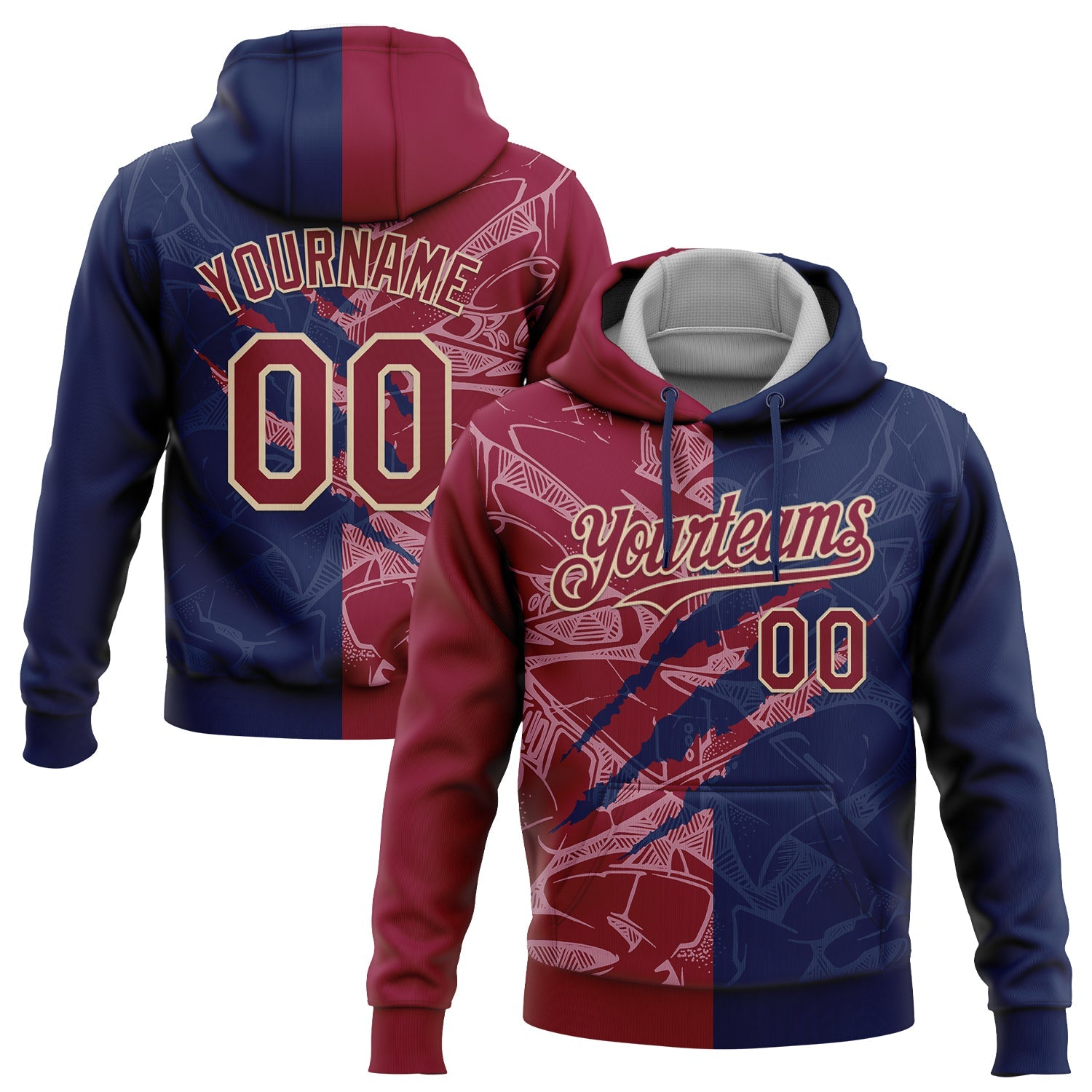 Custom Stitched Graffiti Pattern Maroon Navy-City Cream 3D Scratch Sports Pullover Sweatshirt Hoodie - Main View