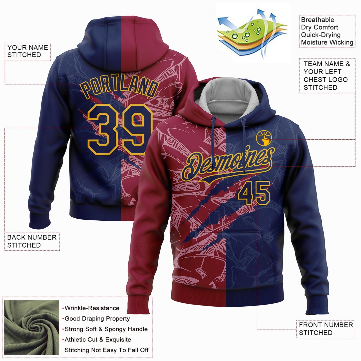 Custom Stitched Graffiti Pattern Navy Maroon-Gold 3D Scratch Sports Pullover Sweatshirt Hoodie view 2