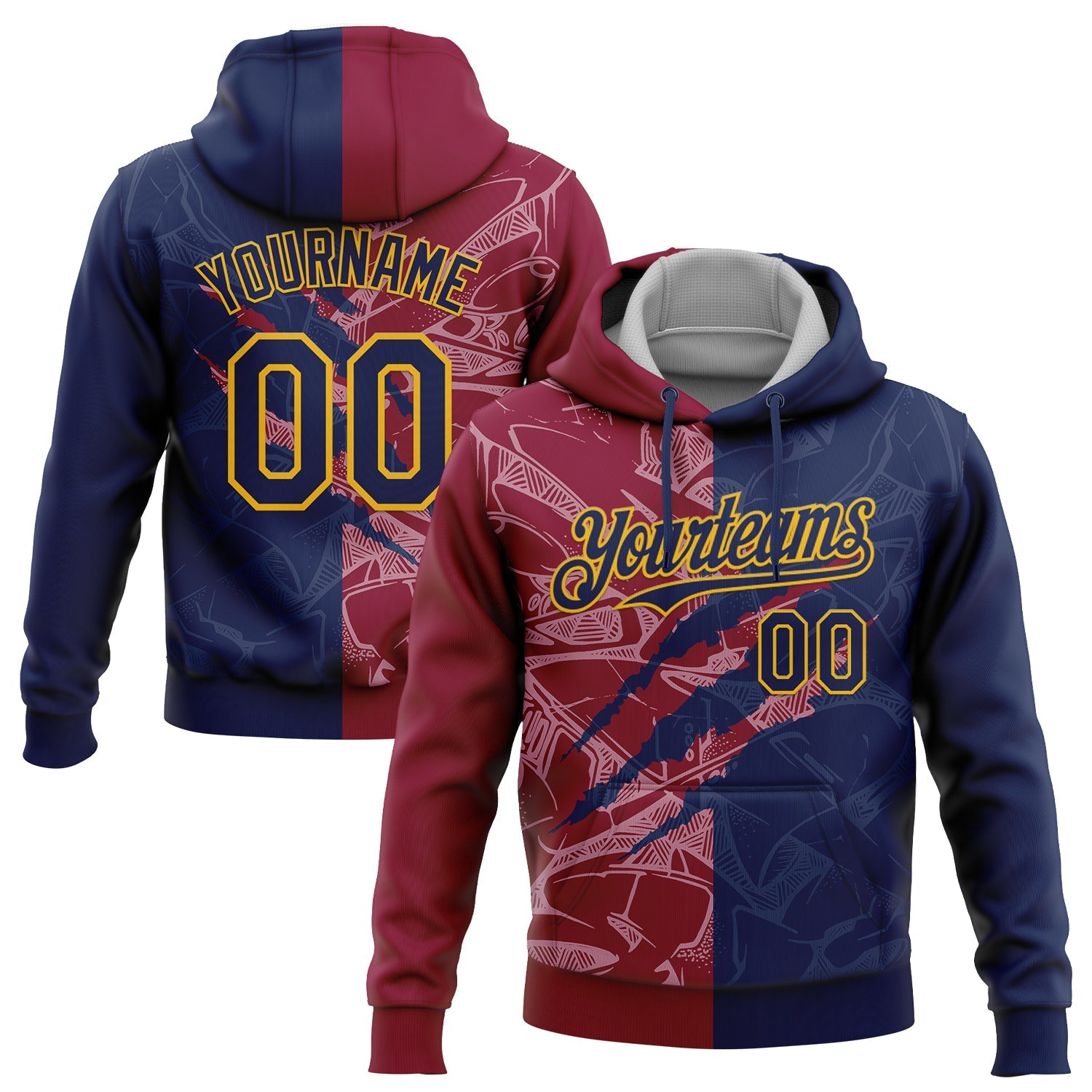 Custom Stitched Graffiti Pattern Navy Maroon-Gold 3D Scratch Sports Pullover Sweatshirt Hoodie - Main View