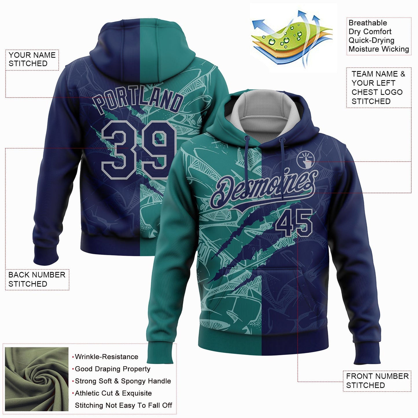 Custom Stitched Graffiti Pattern Navy Teal-Gray 3D Scratch Sports Pullover Sweatshirt Hoodie view 2