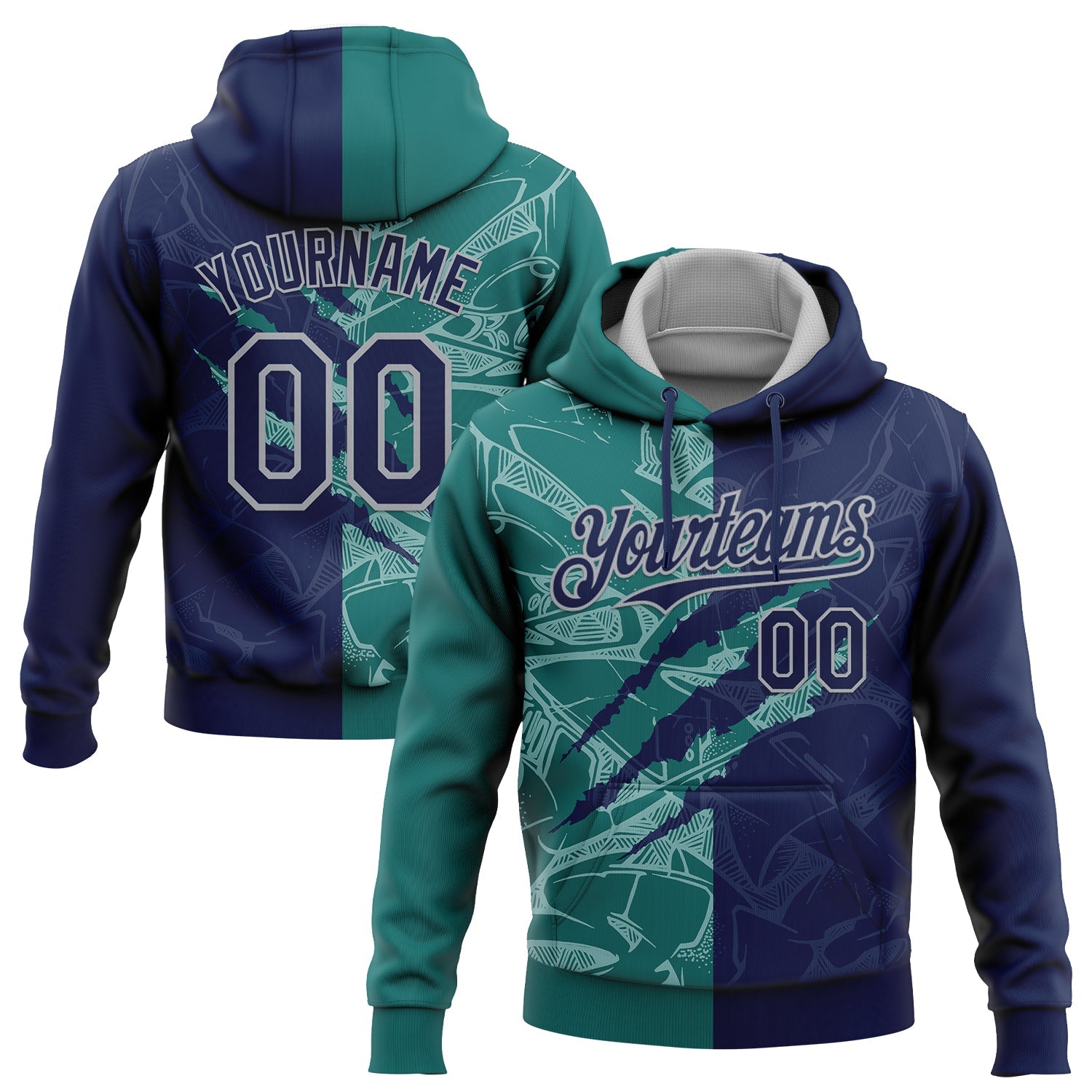 Custom Stitched Graffiti Pattern Navy Teal-Gray 3D Scratch Sports Pullover Sweatshirt Hoodie - Main View