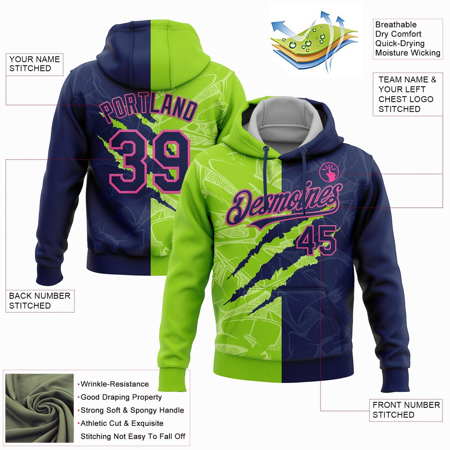 Custom Stitched Graffiti Pattern Navy Neon Green-Pink 3D Scratch Sports Pullover Sweatshirt Hoodie view 2
