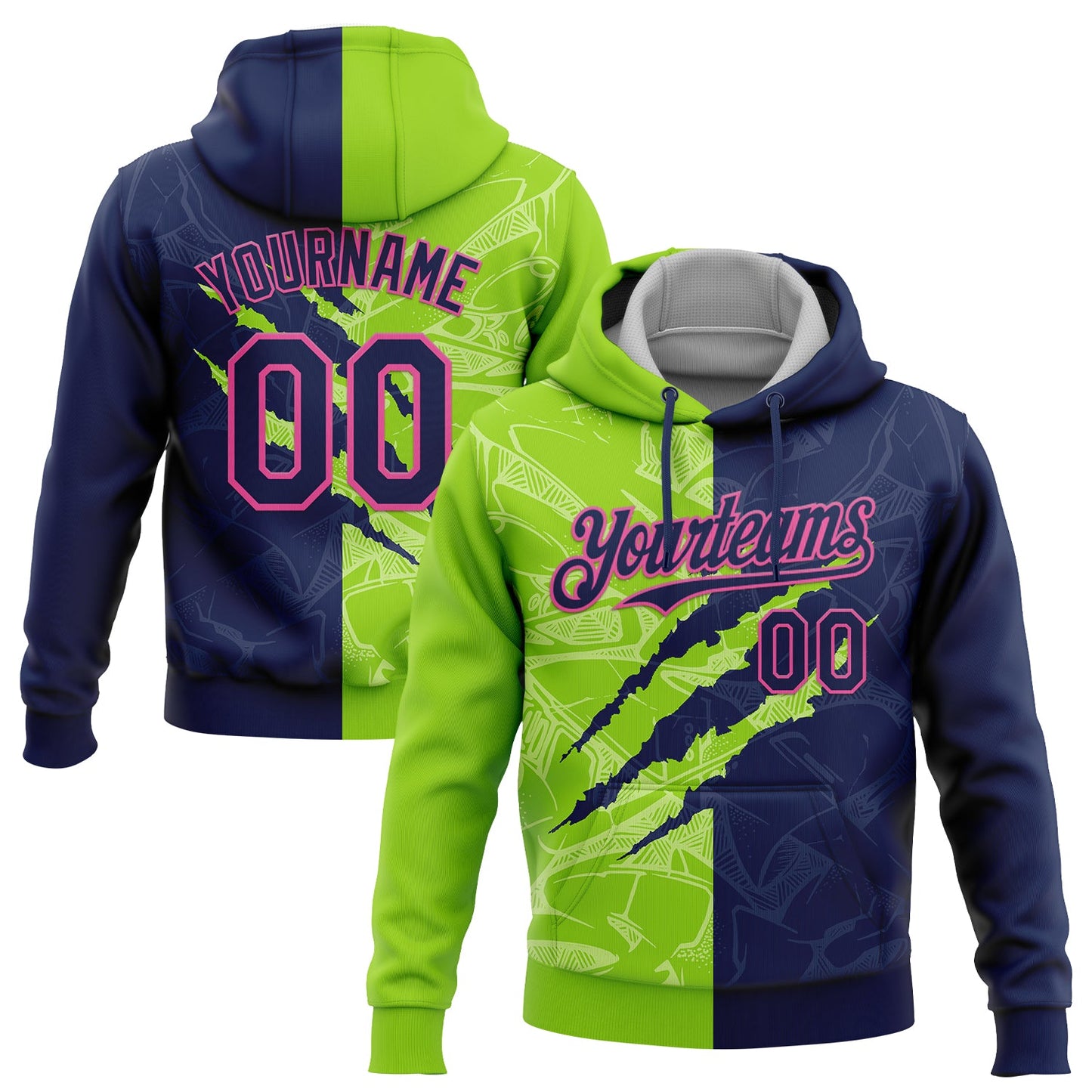 Custom Stitched Graffiti Pattern Navy Neon Green-Pink 3D Scratch Sports Pullover Sweatshirt Hoodie - Main View