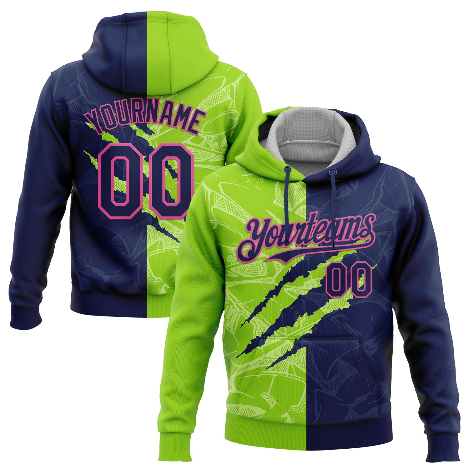 Custom Stitched Graffiti Pattern Navy Neon Green-Pink 3D Scratch Sports Pullover Sweatshirt Hoodie - Main View