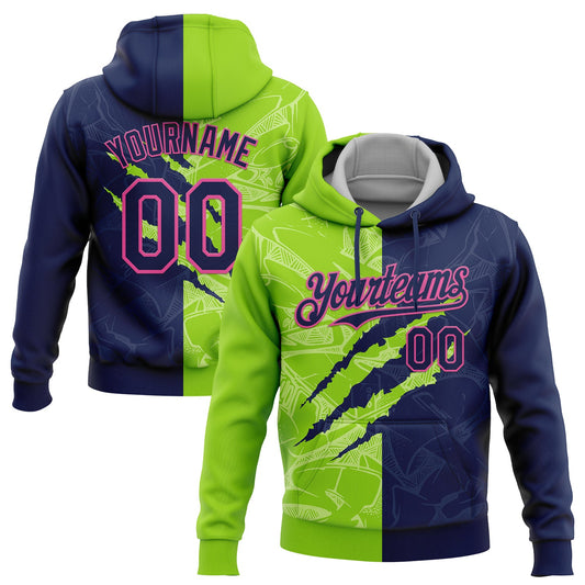 Custom Stitched Graffiti Pattern Navy Neon Green-Pink 3D Scratch Sports Pullover Sweatshirt Hoodie - Main View