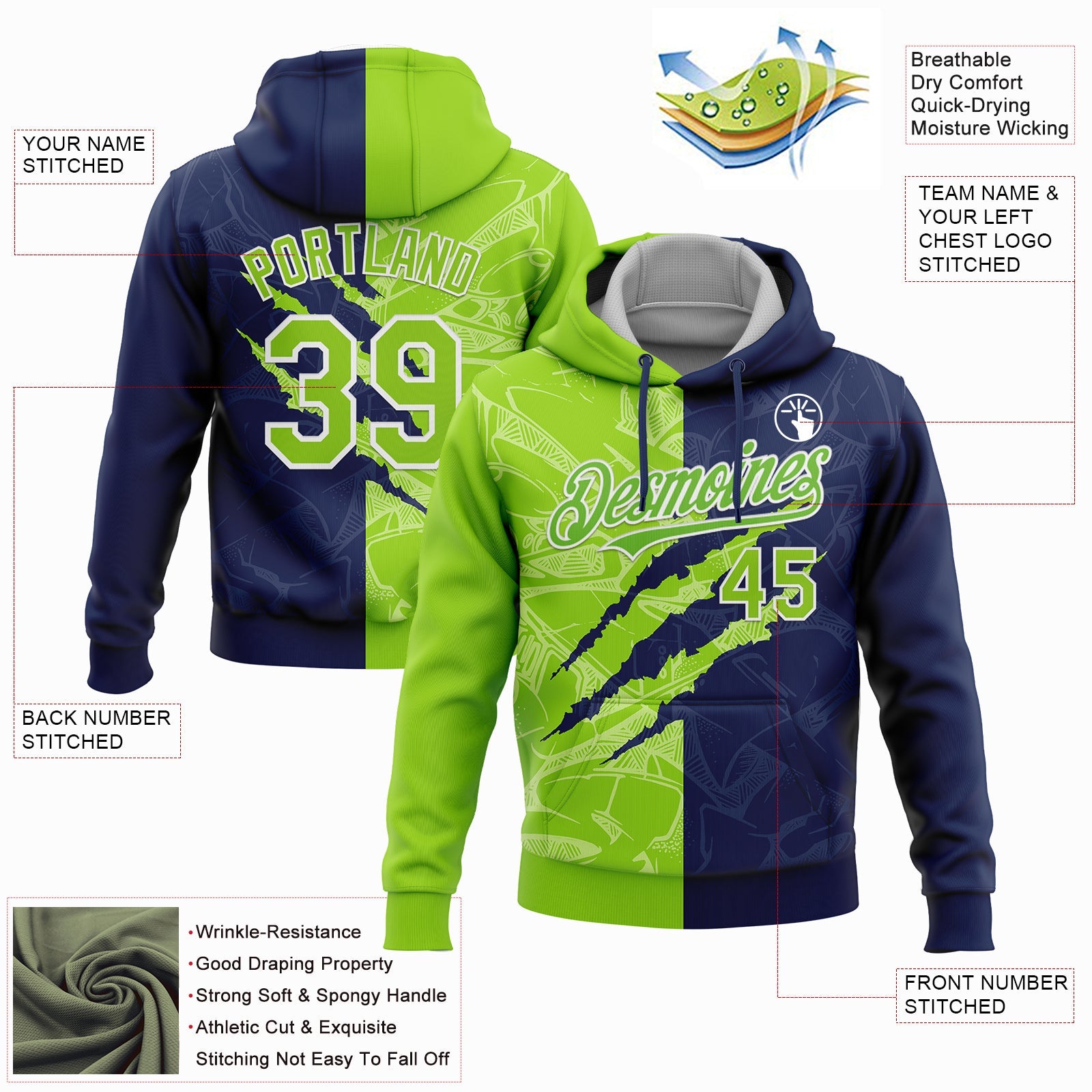 Custom Stitched Graffiti Pattern Neon Green-Navy 3D Scratch Sports Pullover Sweatshirt Hoodie view 2