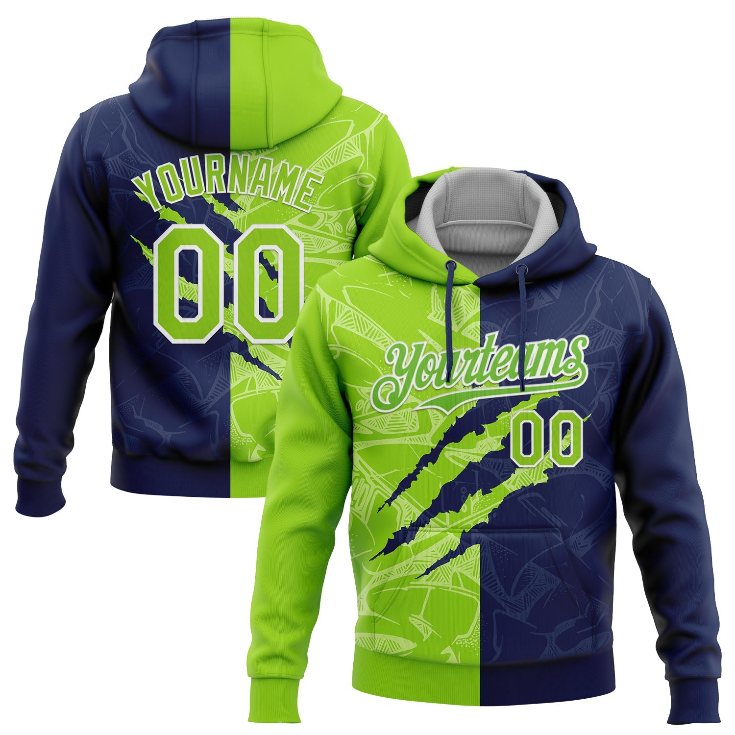 Custom Stitched Graffiti Pattern Neon Green-Navy 3D Scratch Sports Pullover Sweatshirt Hoodie - Main View