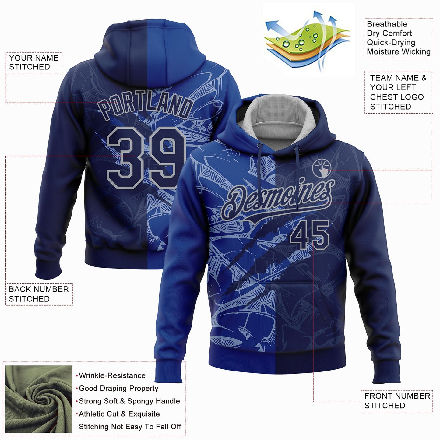 Custom Stitched Graffiti Pattern Navy Royal-Gray 3D Scratch Sports Pullover Sweatshirt Hoodie view 2
