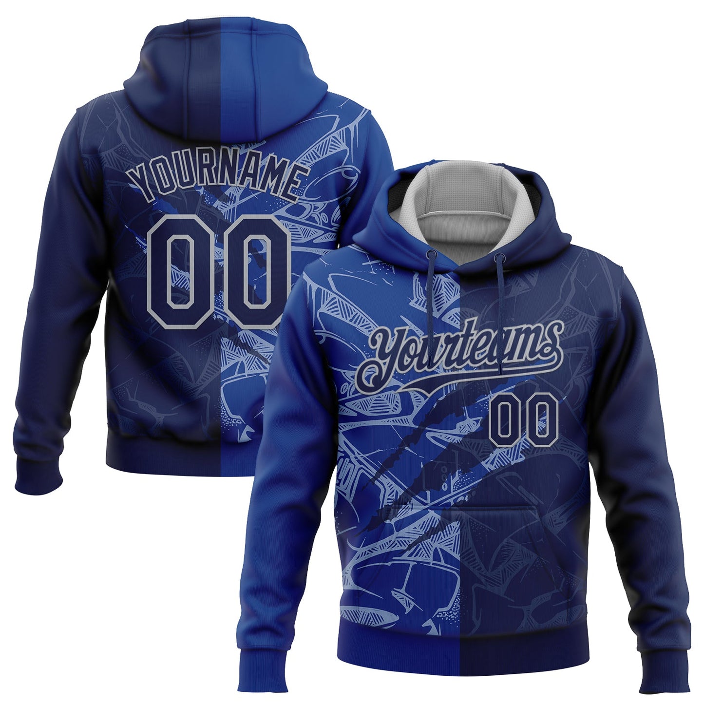 Custom Stitched Graffiti Pattern Navy Royal-Gray 3D Scratch Sports Pullover Sweatshirt Hoodie - Main View