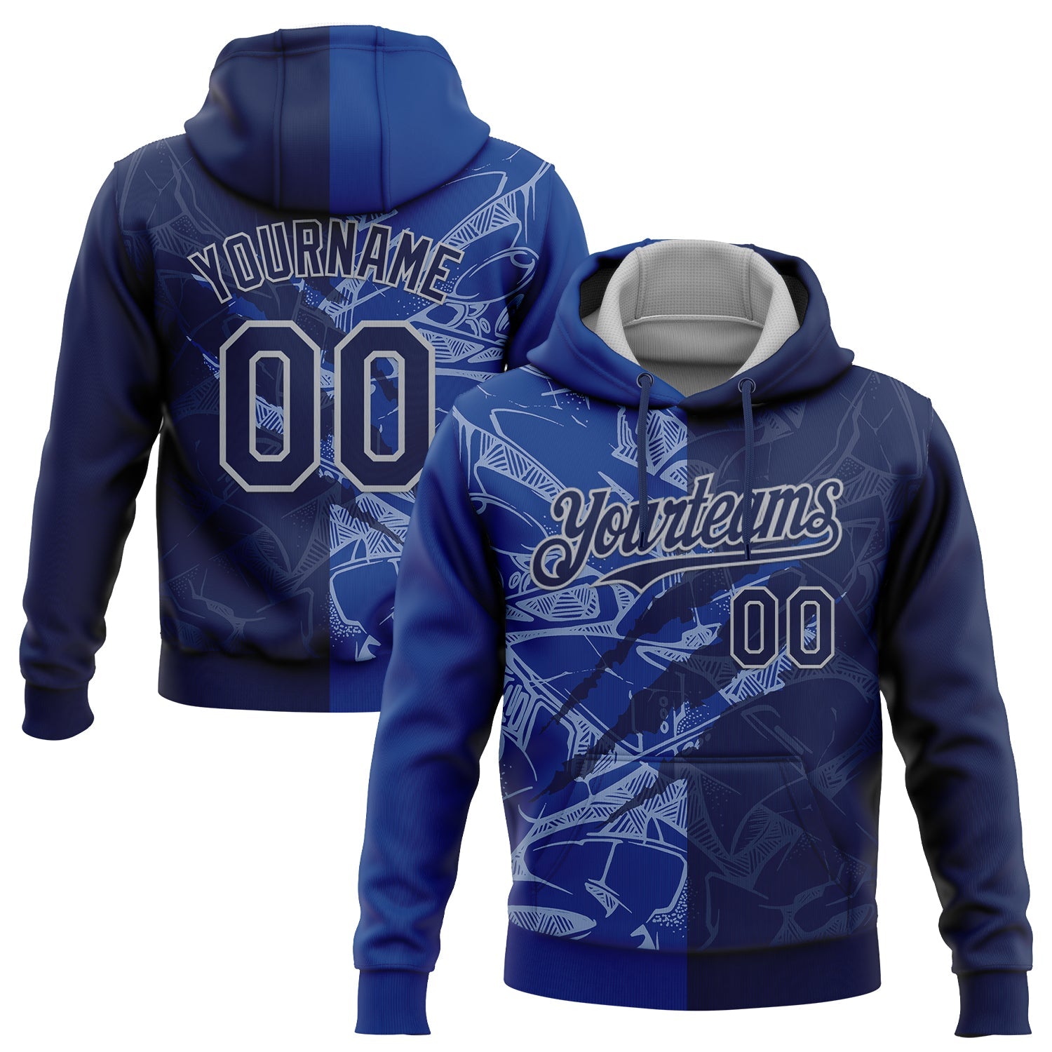 Custom Stitched Graffiti Pattern Navy Royal-Gray 3D Scratch Sports Pullover Sweatshirt Hoodie - Main View