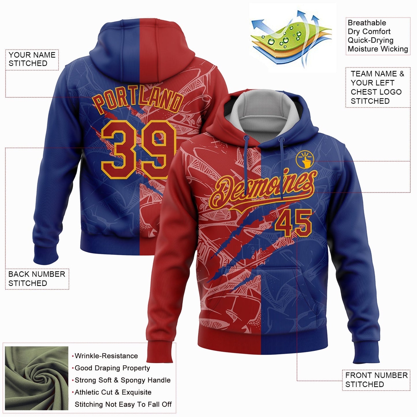Custom Stitched Graffiti Pattern Red Royal-Gold 3D Scratch Sports Pullover Sweatshirt Hoodie view 2