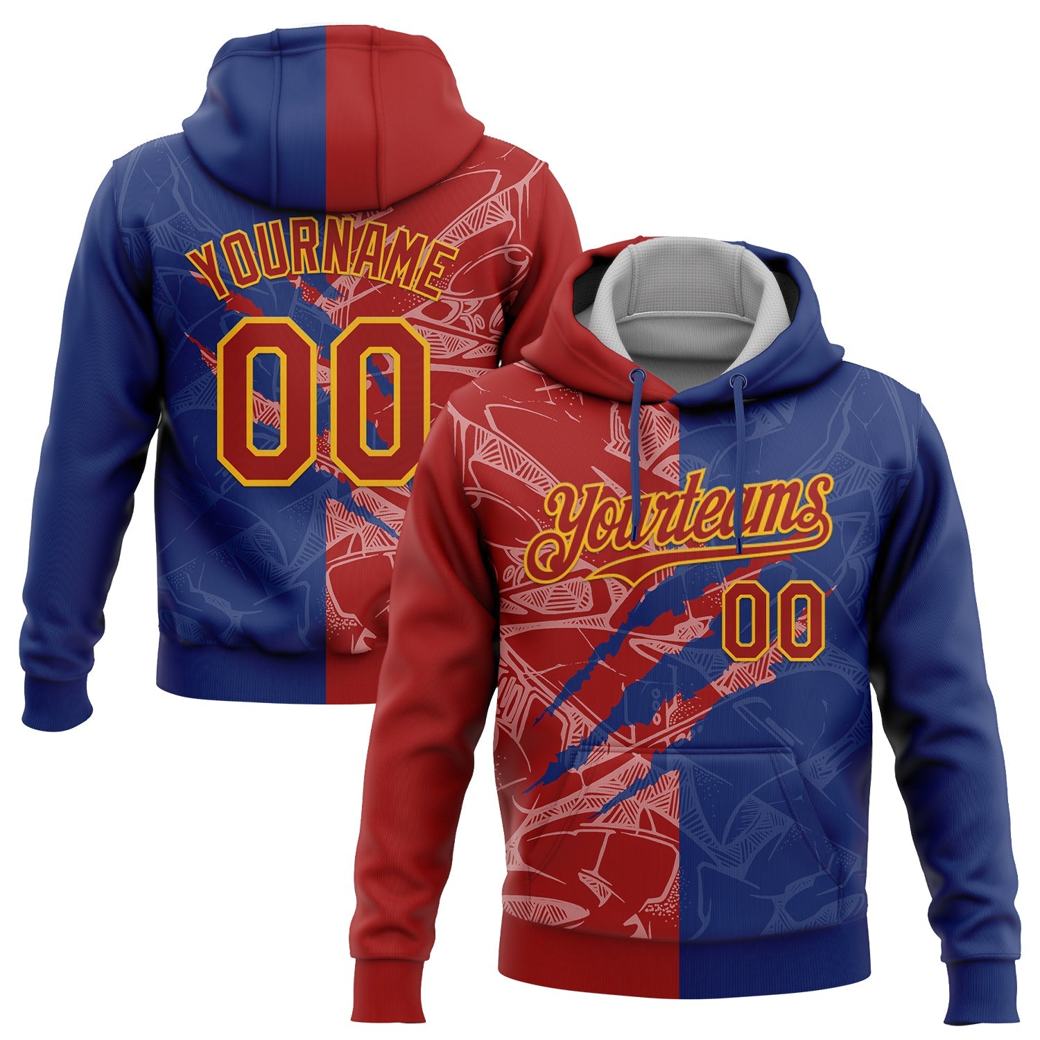Custom Stitched Graffiti Pattern Red Royal-Gold 3D Scratch Sports Pullover Sweatshirt Hoodie - Main View